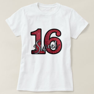 Red Faux Glitter Print Sweet Sixteen 16-jarige ver T-shirt