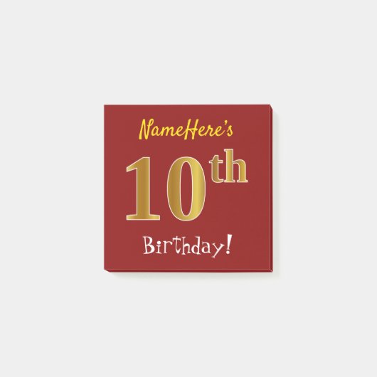 Red, Faux Gold 10th Birthday, met aangepaste naam Post-it® Notes (Voorkant)