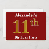Red, Faux Gold 11e verjaardag Partij + Eigen naam Kaart (Voorkant / Achterkant)