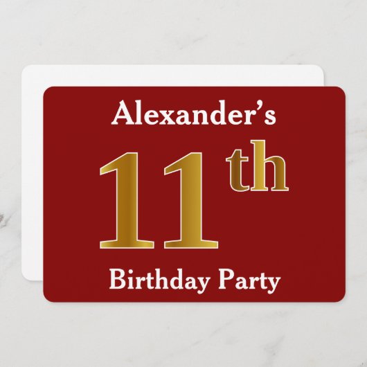 Red, Faux Gold 11e verjaardag Partij + Eigen naam Kaart (Voorkant / Achterkant)