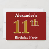 Red, Faux Gold 11e verjaardag Partij + Eigen naam Kaart (Voorkant)