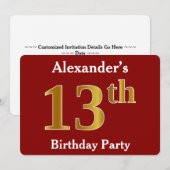 Red, Faux Gold 13th Birthday Party + aangepaste na Kaart (Voorkant / Achterkant)