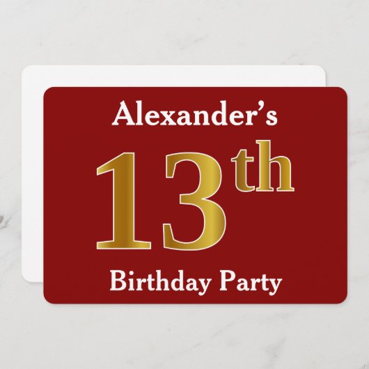 Red, Faux Gold 13th Birthday Party + aangepaste na Kaart (Voorkant / Achterkant)