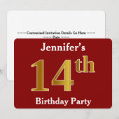 Red, Faux Gold 14e verjaardag Partij + Eigen naam Kaart (Voorkant / Achterkant)