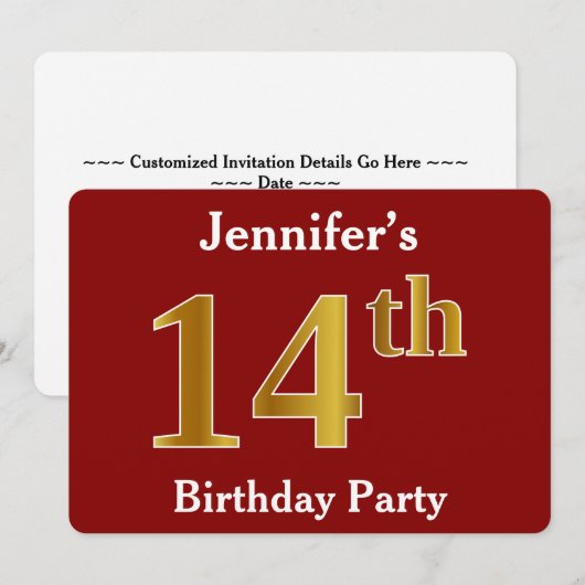 Red, Faux Gold 14e verjaardag Partij + Eigen naam Kaart (Voorkant / Achterkant)