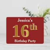 Red, Faux Gold 16e verjaardag Partij + Eigen naam Kaart (Staand voorkant)