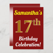Red, Faux Gold 17th Birthday Celebration + naam Kaart (Voorkant / Achterkant)
