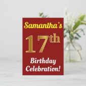 Red, Faux Gold 17th Birthday Celebration + naam Kaart (Staand voorkant)