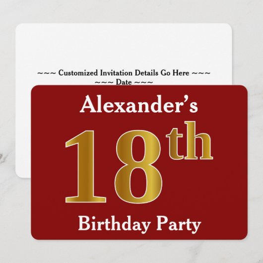 Red, Faux Gold 18th Birthday Party + aangepaste na Kaart (Voorkant / Achterkant)