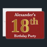 Red, Faux Gold 18th Birthday Party   aangepaste na Kaart<br><div class="desc">Dit uitnodigingsontwerp heeft het rangtelwoord "18th" met een faux goudachtige uitstraling. Het heeft ook een aangepaste naam en een rode achtergrond. De evenementgegevens op de achterkant kunnen worden gepersonaliseerd. Het kan worden gebruikt om mensen uit te nodigen voor iemands achttiende verjaardagsfeest. [~Z0000012]</div>
