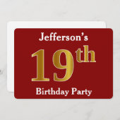 Red, Faux Gold 19th Birthday Party + aangepaste na Kaart (Voorkant / Achterkant)