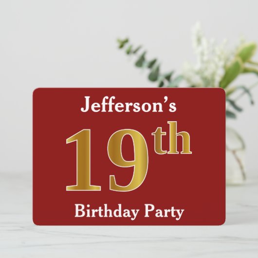 Red, Faux Gold 19th Birthday Party + aangepaste na Kaart (Staand voorkant)
