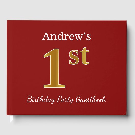 Red, Faux Gold 1st Birthday Party + aangepaste naa Gastenboek (Voorkant)