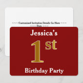 Red, Faux Gold 1st Birthday Party + aangepaste naa Kaart (Voorkant / Achterkant)