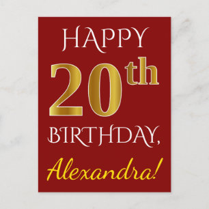 Red, Faux Gold 20th Birthday + aangepaste naam Briefkaart