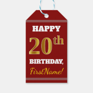 Red, Faux Gold 20th Birthday + aangepaste naam Cadeaulabel