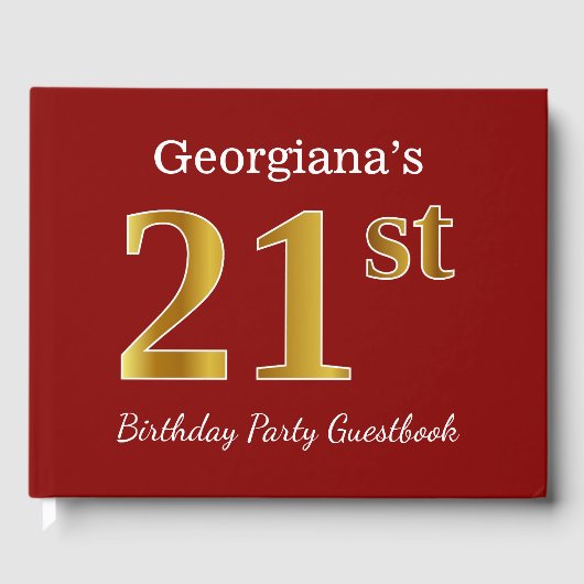 Red, Faux Gold 21st Birthday Party + Custom Name Gastenboek (Voorkant)