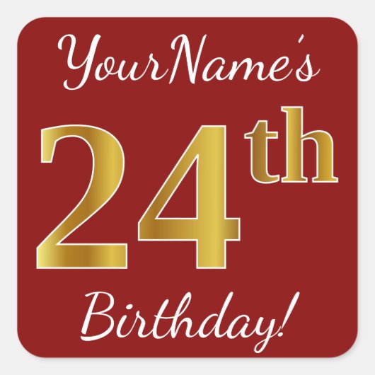 Red, Faux Gold 24th Birthday + Sticker voor aangep (Voorkant)