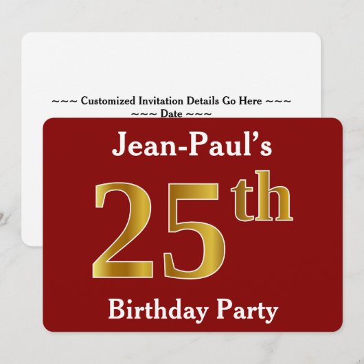 Red, Faux Gold 25th Birthday Party + aangepaste na Kaart (Voorkant / Achterkant)