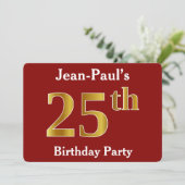 Red, Faux Gold 25th Birthday Party + aangepaste na Kaart (Staand voorkant)