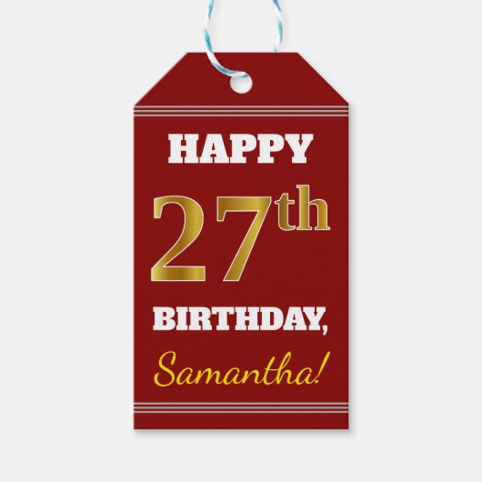 Red, Faux Gold 27th Birthday + aangepaste naam Cadeaulabel (Voorkant)
