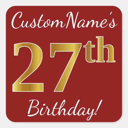 Red, Faux Gold 27th Birthday + Sticker voor aangep (Voorkant)
