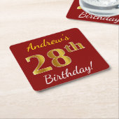 Red, Faux Gold 28th Birthday + aangepaste naam Kartonnen Onderzetters (Schuin)