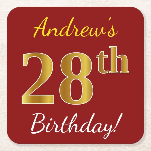 Red, Faux Gold 28th Birthday + aangepaste naam Kartonnen Onderzetters (Voorkant)