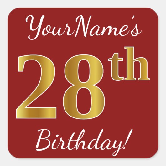 Red, Faux Gold 28th Birthday + Sticker voor aangep (Voorkant)