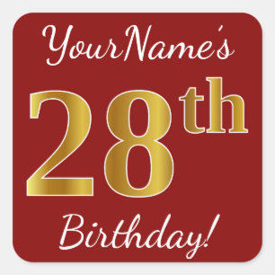 Red, Faux Gold 28th Birthday + Sticker voor aangep
