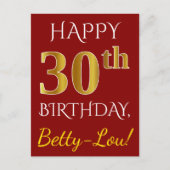 Red, Faux Gold 30th Birthday + aangepaste naam Briefkaart (Voorkant)