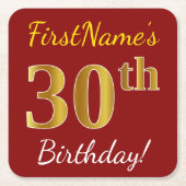 Red, Faux Gold 30th Birthday + aangepaste naam Kartonnen Onderzetters (Voorkant)
