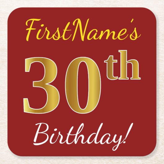 Red, Faux Gold 30th Birthday + aangepaste naam Kartonnen Onderzetters (Voorkant)