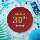 Red, Faux Gold 30th Birthday + aangepaste naam Papieren Bordje (Feest)