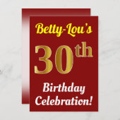 Red, Faux Gold 30th Birthday Celebration + naam Kaart (Voorkant / Achterkant)