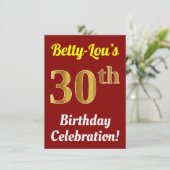 Red, Faux Gold 30th Birthday Celebration + naam Kaart (Staand voorkant)