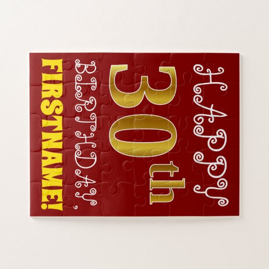 Red, Faux Gold 30th Birthday + Eigen naam Puzzle Legpuzzel (Horizontaal)