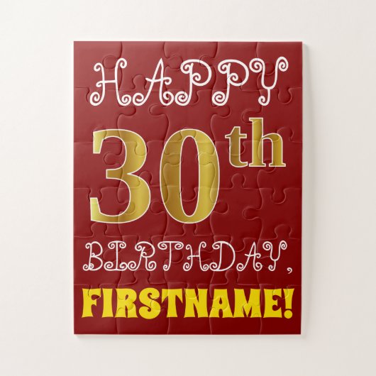 Red, Faux Gold 30th Birthday + Eigen naam Puzzle Legpuzzel (Verticaal)
