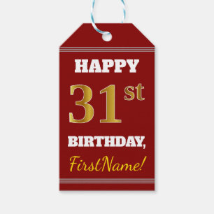 Red, Faux Gold 31st Birthday + aangepaste naam Cadeaulabel