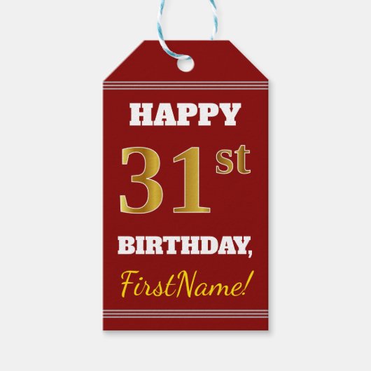 Red, Faux Gold 31st Birthday + aangepaste naam Cadeaulabel (Voorkant)