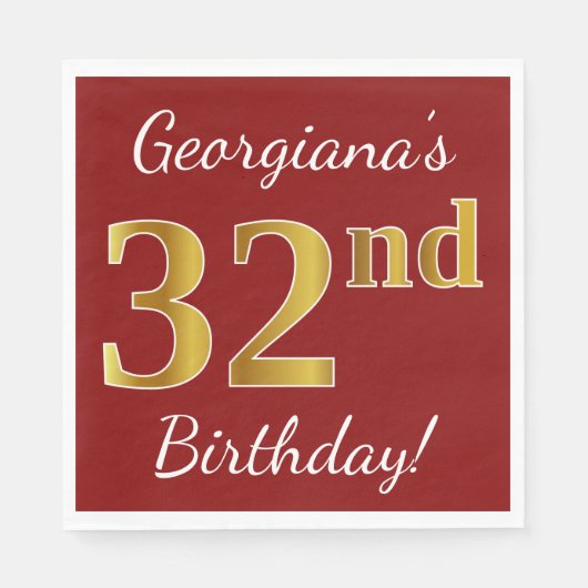 Red, Faux Gold 32e verjaardag + aangepaste naam Servet (Voorkant)