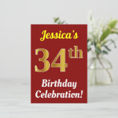 Red, Faux Gold 34th Birthday Celebration + naam Kaart (Staand voorkant)