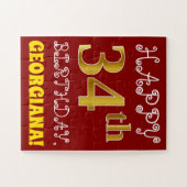 Red, Faux Gold 34th Birthday + Eigen naam Puzzle Legpuzzel (Horizontaal)