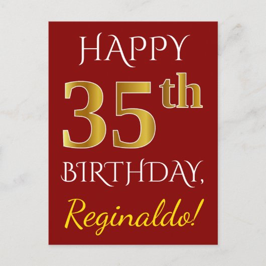 Red, Faux Gold 35th Birthday + Eigen naam Briefkaart (Voorkant)
