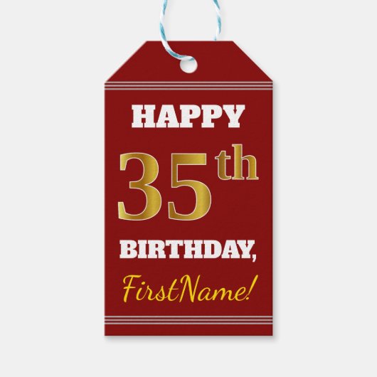 Red, Faux Gold 35th Birthday + Eigen naam Cadeaulabel (Voorkant)