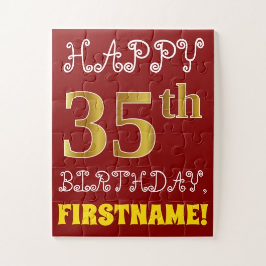 Red, Faux Gold 35th Birthday + Eigen naam Puzzle Legpuzzel (Verticaal)