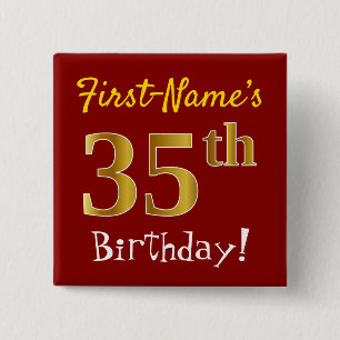Red, Faux Gold 35th Birthday, met aangepaste naam Vierkante Button 5,1 Cm