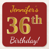Red, Faux Gold 36th Birthday + aangepaste naam Kartonnen Onderzetters (Voorkant)