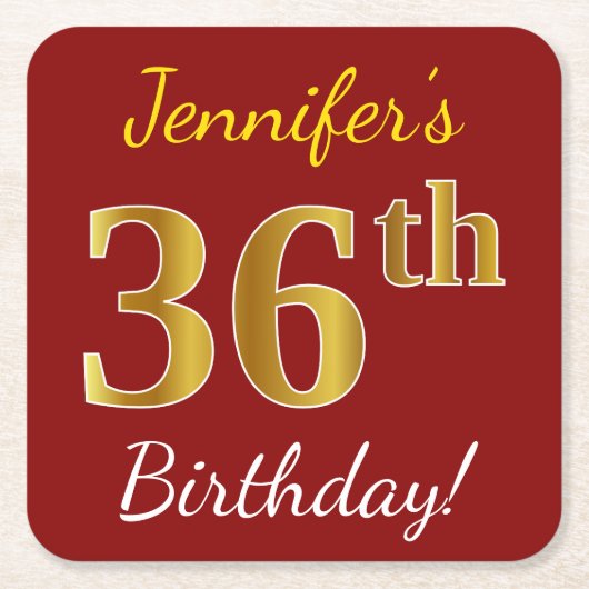 Red, Faux Gold 36th Birthday + aangepaste naam Kartonnen Onderzetters (Voorkant)