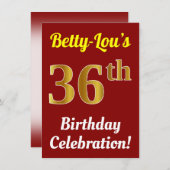 Red, Faux Gold 36th Birthday Celebration + Name Kaart (Voorkant / Achterkant)